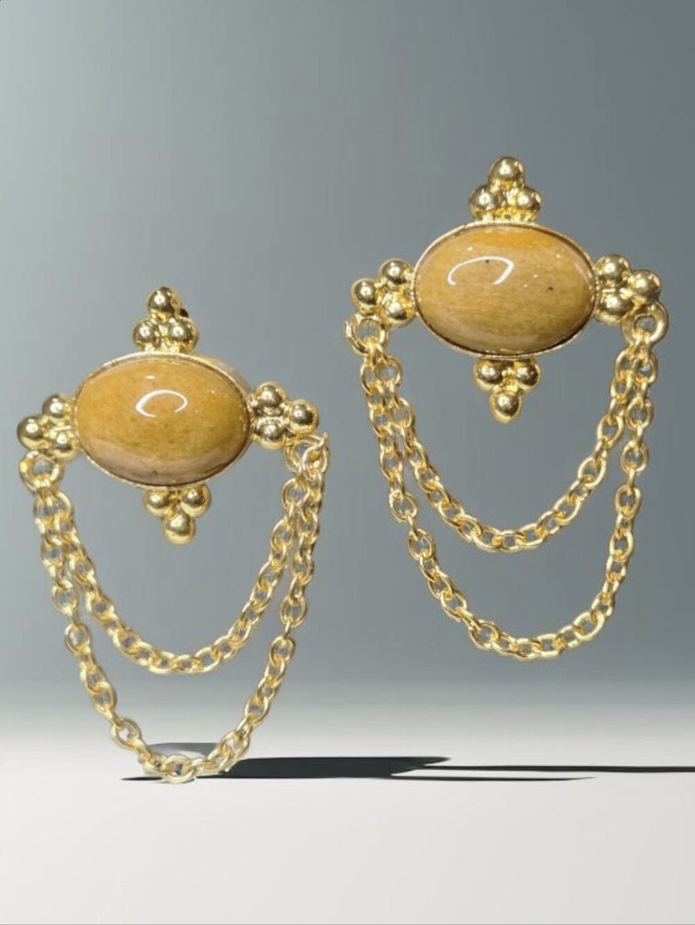 18k Gold Plated Artisan Byzantine  Honey Adventurine Drapey Chain Earrings